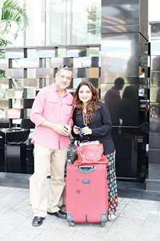 Designer couple, Huma and Amir Adnan outside the fancy Trident Hotel in Bandra. They say the massages alone are worth staying here for!
