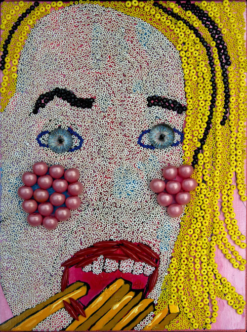 Saba Khan; Final Work. Eating Fries. Beads and acrylic on Hahnemühle paper. 
