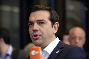 Greek Prime Minister Alexis Tsipras talks on the Greek crisis at the EU Council building in Brussels.