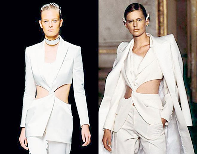 Notice the striking similarities between these two runway images. Balmain copied this design in 2015, years after McQueen showcased it for Givenchy in 1997 but the time lapse allowed him to get away with it, at least legally.