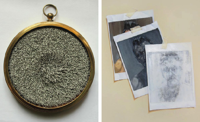 Paper Collage on Wasli by Ghulam Mohammad. Oil and Photo Transfer on Canvas Kiran Saleem.