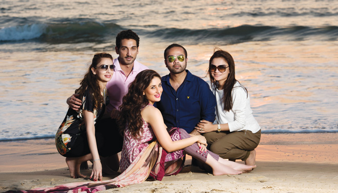Shooting by the beach: Kareena Kapoor features in all Faraz Manan for Crescent campaigns. The Bollywood star is seen here with Faraz and Sundus Manan,Shoaib Shafi and Sana Adil.