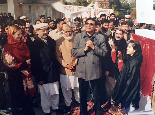 An unforgettable moment: Afzal Khan Lala and Malala together at Swat Museum.  Photo courtesy Ziauddin Yousafzai 