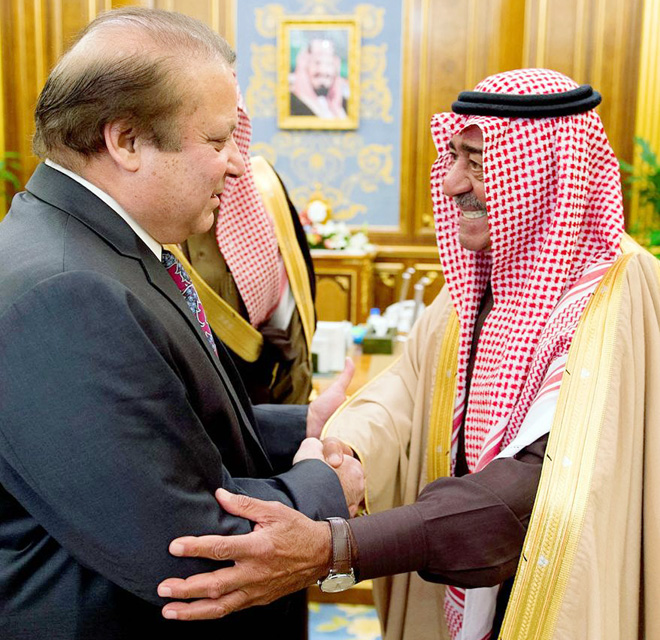 Saudi Arabia's Salman bin Abdul Aziz Al Saud shakes hands with Prime Minister Nawaz Sharif in Riyadh -- March 2015.