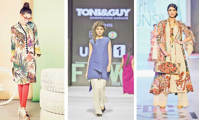 (L) While most designers gave us flight of fancy - birds - Zara Shahjahan has stayed grounded with garden bugs, cats and even fruit in her popular prints, (C) we’ve seen Sania Maskatiya perfect the print but she’s shown incredible promise in construction and that’s what we’re anticipating more of in 2016 and (R) Khaadi always rocks the runway, no matter how big it gets.