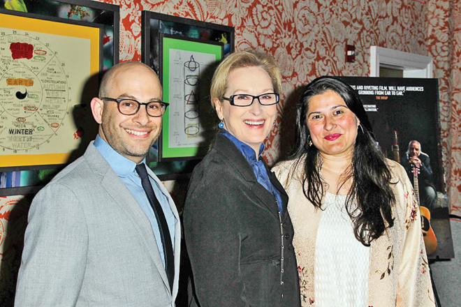 Andy Schocken, Meryl Streep and Sharmeen Obaid Chinoy at the screening of Song of Lahore in New York City, circa 2015.