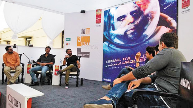 The Ismail Ka Urdu Sheher panel (featuring Omran Shafique, Saad, Zohaib Kazi, Abbas Ali Khan and Kamal Khan) spoke to moderator Ali Safina about the various themes (such as space, science, philosophy) that can be found in this one-of-a-kind book-music album.