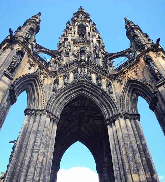 A close-up view of the Scott Monument in Edinburgh. 