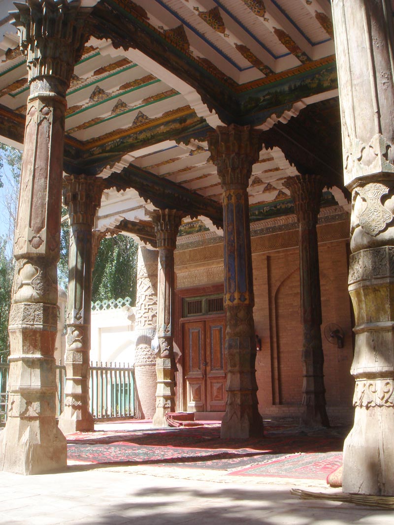Wooden ceiling and pillars of mosque in Afaq Khawaja tomb complex