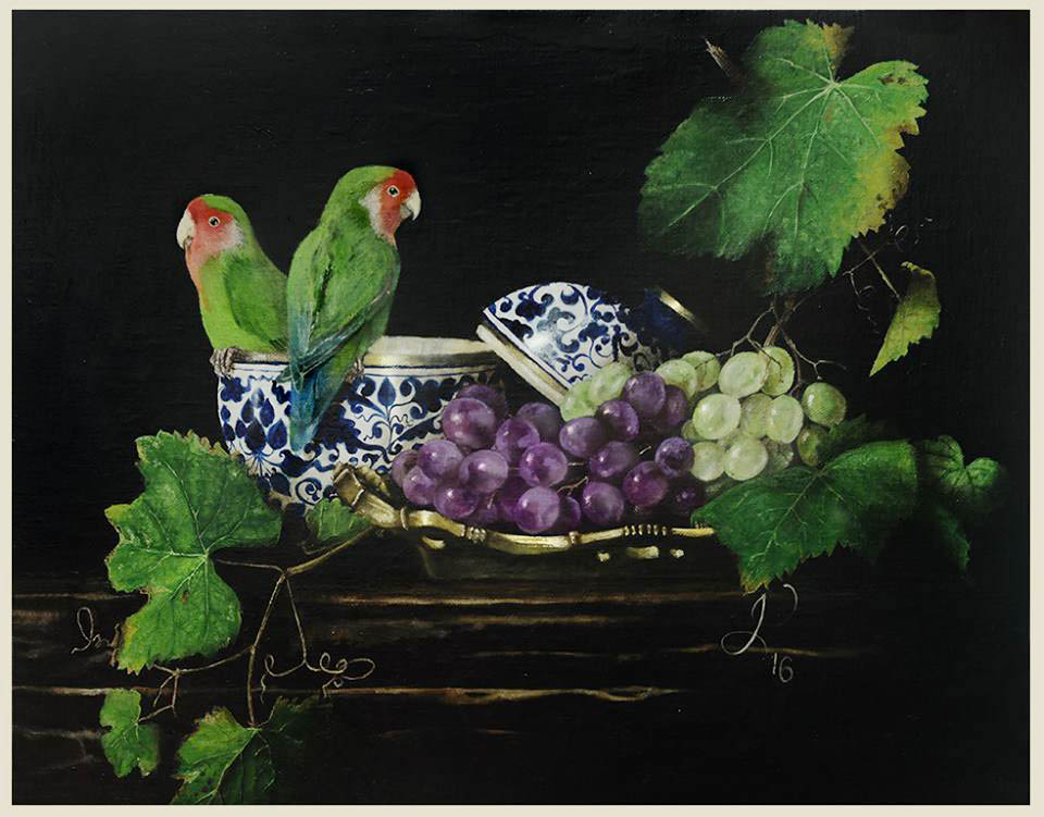 Still life with grapes and parrots.