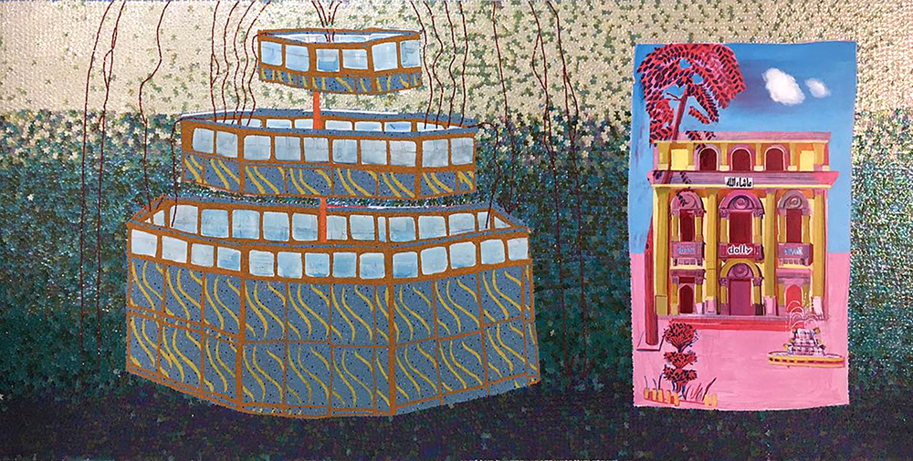 Fountain with building.