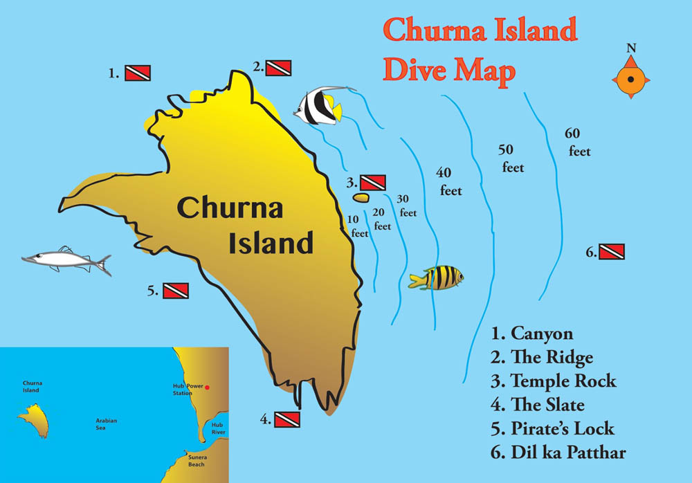 Churna Island, a favourite scuba diving spot, 9 km from the mouth of Hub river