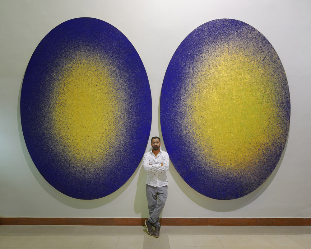 Imran Qureshi with 'Out of Blue, 2017'.