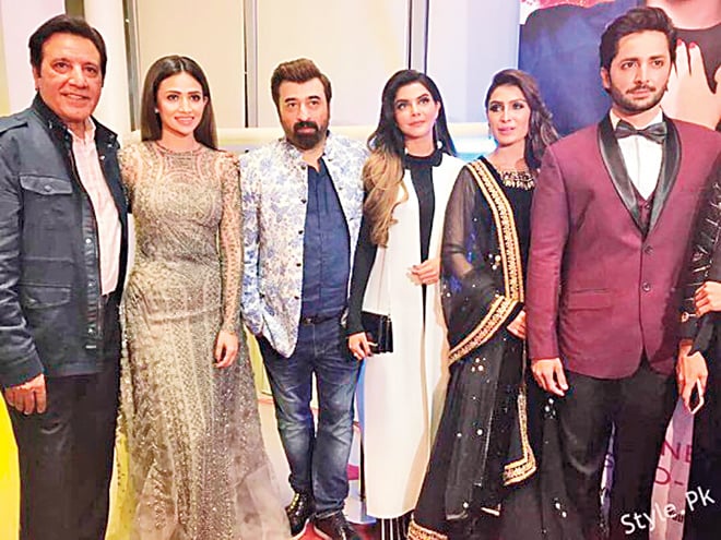 Pictured: (L - R) Javed Sheikh, Sana Javed, Yasir Nawaz, Nida Yasir, Ayeza Khan and Danish Taimoor at the Karachi premiere of Mehrunisa V Lub U. 