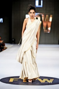 Maheen Khan&rsquo;s hybrid &lsquo;gharara sari&rsquo; was one of the most innovative silhouettes to emerge at FPW; definitely a trend to look forward to.