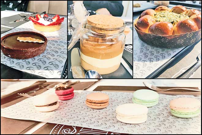 (L-R) Indulgences at the cafe would include Belgian praline and fruit tarts, the Mousse Trio that comes in a jar, Challah bread served with an artichoke dip and an assortment of macarons.