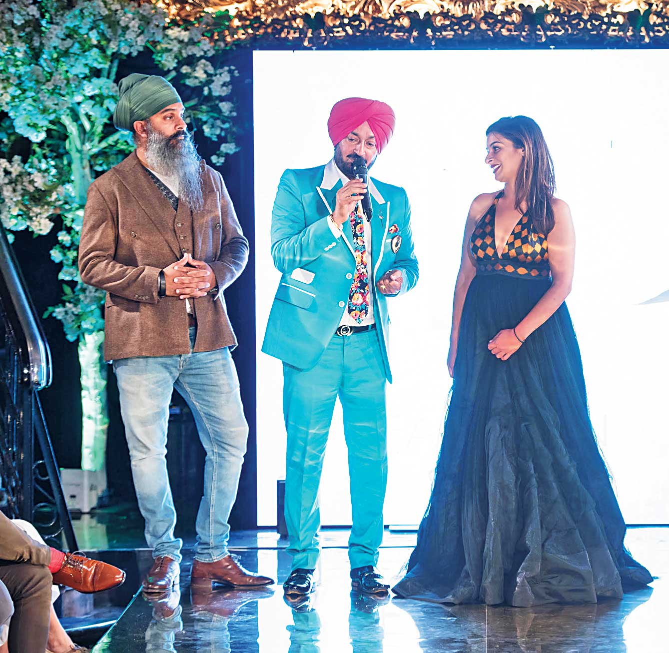 (L-R) Bobby Singh, King of Bhangra Malkit Singh and Founder IPL Fashion, Gurbani Kaur at the show.