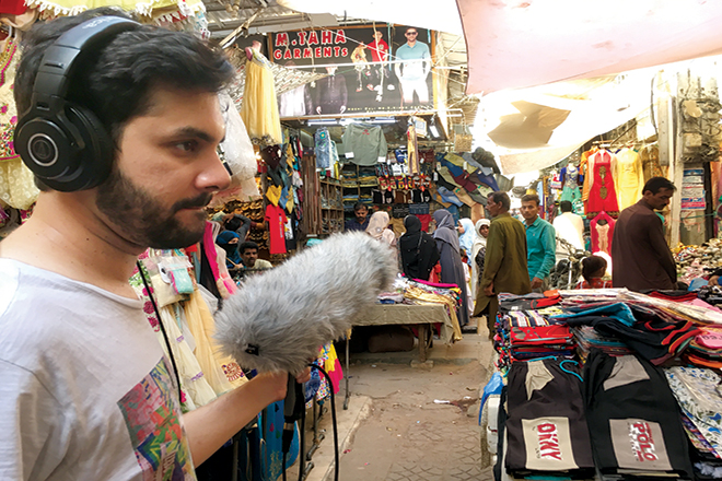 Bilal Nasir Khan recording sound effects for What Will People Say, directed by Iram Haq. Bilal and his team went to bus stops, colonies and various areas to record the sound(s) of life and essentially sampled the whole city of Karachi.