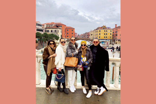 The very fashionable troupe: (L-R) Sadaf Muneer Jalil, Sana Hashwani, Safinaz Muneer, Soha Hafeez and Mohsin Ali at the fashion shoot of their luxury lawn campaign 2019 in Venice.