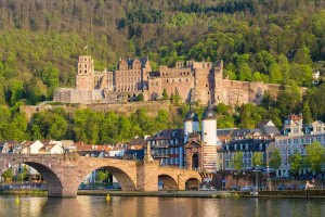 Heidelberg Castle overlooking the Neckar Bridge.