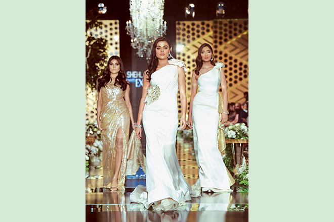 Dressed in white and gold, Sadaf Kanwal, Zara Abid and the relatively new but equally gorgeous Alicia Khan walked for a segment devoted to L’Oreal, collaborating on the evening to announce Shehla Chatoor as L’Oreal Paris Excellence Crème’s Ambassador of Fashion for 2019. The focus was on the combination of perfect hair and couture, and it was picture perfec.