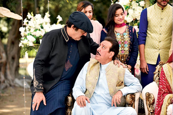 Veteran actors Mehmood Aslam and Jawed Sheikh in a still from the upcoming film. 