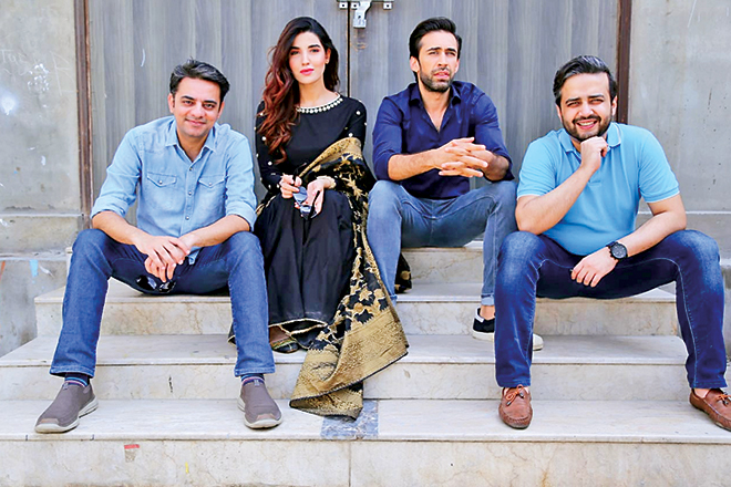 Hareem Farooq with co star Ali Rehman Khan and director-producer duo Azfar Jafri and Imran Raza Kazmi during the promotion of Heer Maan Ja in Pakistan. 
