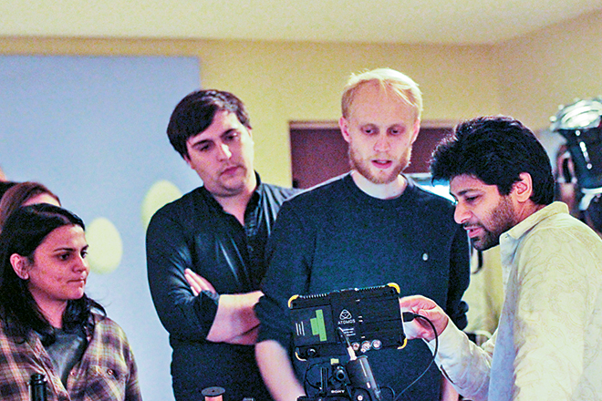 Agency co-producer Karishma Dev Dube, DIT Evan Quinn and the film’s cinematographer Vladimir Goroshnikov with Omar Rahim.