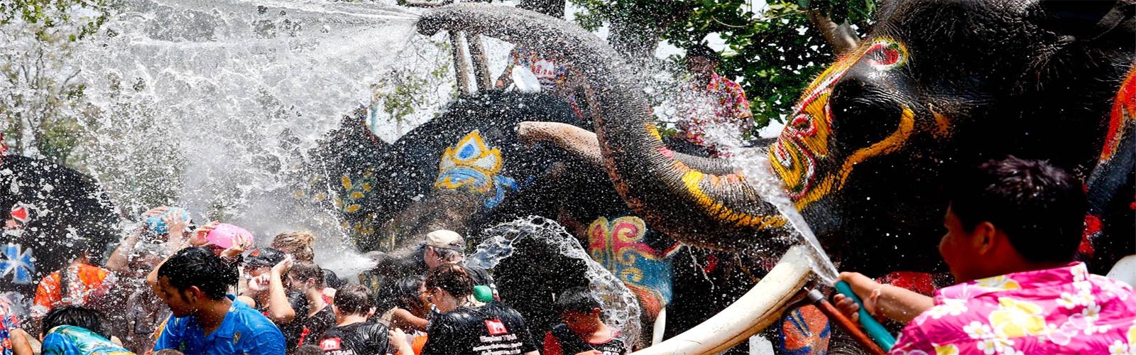 Painted Thai elephants spray tourists with water to banish bad luck