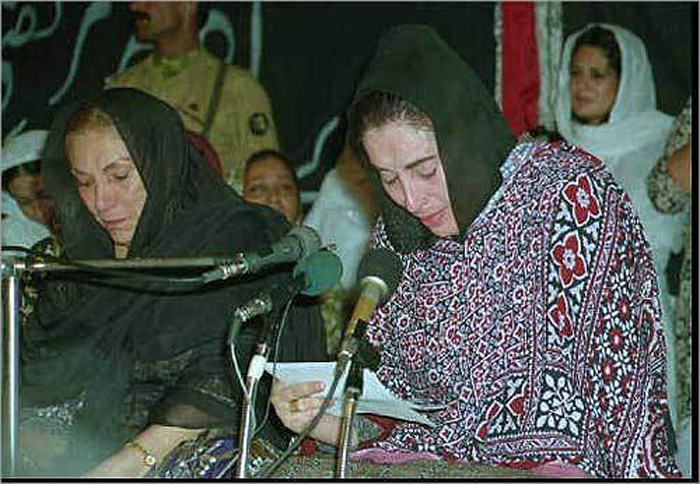 Benazir Bhutto with her mother, Nusrat Bhutto, broke into tears while delivering a condolence speech in Karachi in September 1996, after the assassination of her brother Mir Murtaza Bhutto