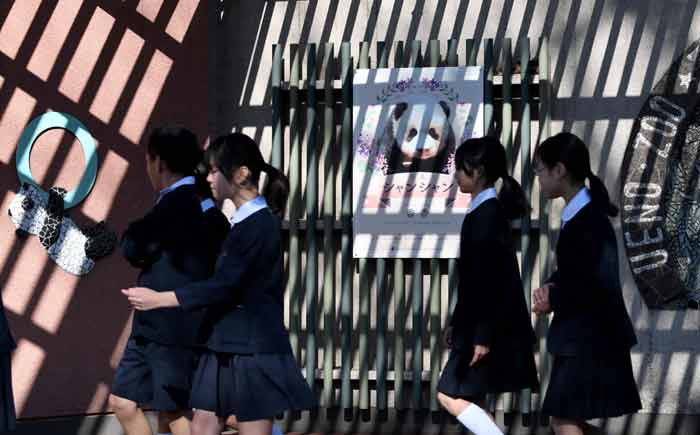 Elementary schoolchildren leave the panda house after seeing newly-born giant panda cub Xiang Xiang at Ueno Zoo in Tokyo on December 18, 2017. -AFP