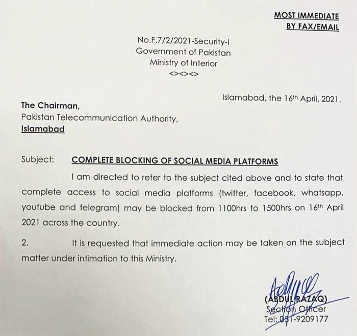 Pakistan blocks social media till Friday prayer to maintain law and order