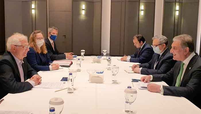 Minister for Foreign Affairs Shah Mahmood Qureshi in a meeting with EU High Representative/Vice President Josep Borrell on the sidelines of the Antalya Diplomacy Forum in Turkey, on June 18, 2021. — Photo courtesy Twitter/@SMQureshiPTI