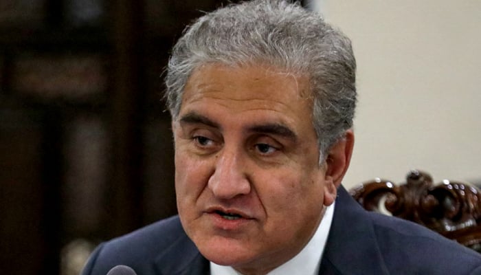 This handout picture released on April 7, 2021, by the Russian Foreign Ministry shows Foreign Minister Shah Mahmood Qureshi as he meets with his Russian counterpart, in Islamabad. — AFP/File