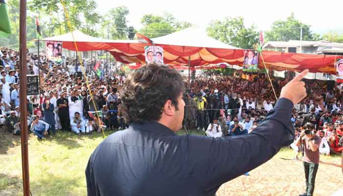 PPP Chairman Bilawal Bhutto Zardari addressing an election campaign rally in Azad Kashmirs Rawalakot, on June 27, 2021. — Photo courtesy Twitter/PPP Media Cell