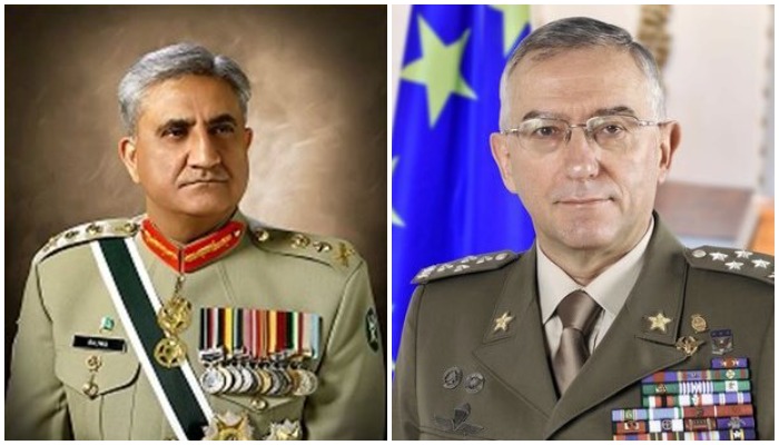 Chief of Army Staff General Qamar Javed Bajwa (L) and Chairman European Union Military Committee (EUMC) General Claudio Graziano. Photos: File/ Twitter.