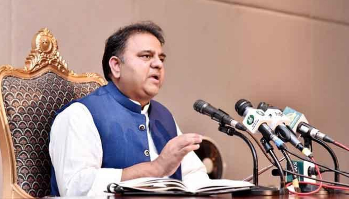 Minister for Information and Broadcasting Fawad Chaudhry addressing a press conference in Islamabad, on June 15, 2021. — PID/File