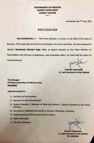 PM Imran Khan appoints Shah­zain Bugti as special assistant on Balochistan reconciliation