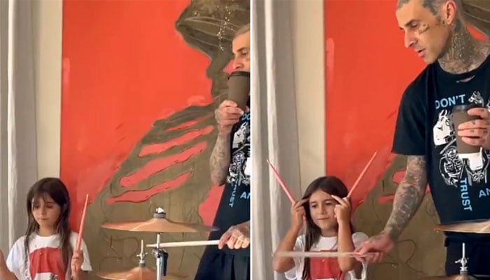 Travis Barker gives drum lessons to beau Kourtney Kardashians daughter Penelope