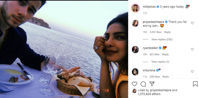 Priyanka Chopra, Nick Jonas celebrate three years of proposal