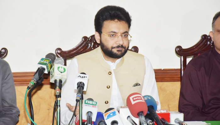 Minister of State for Information Farrukh Habib addressing a press conference in Faisalabad, on July 20, 2021. — PID