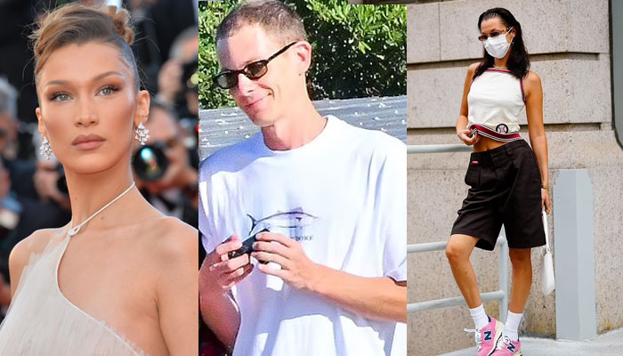 Bella Hadid flaunts statuesque figure in white crop top and pair of baggy black shorts