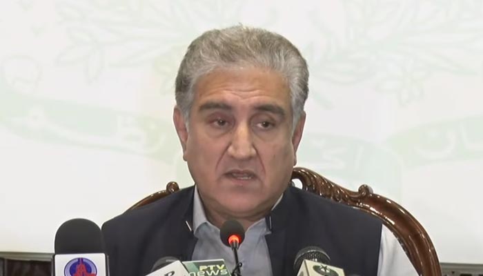 Foreign Minister Shah Mahmood Qureshi addressing a press conference at the Ministry of Foreign Affairs in Islamabad, on August 9, 2021. — YouTube/HumNewsLive