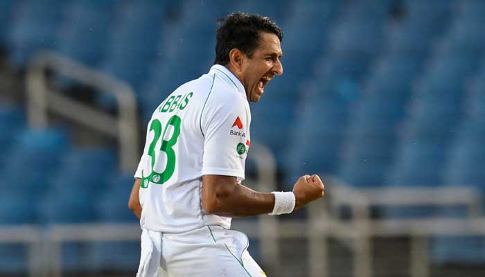Mohammad Abbas of Pakistan celebrates the dismissal of Nkrumah Bonner of West Indies during day 1 of the 1st Test between West Indies and Pakistan at Sabina Park, Kingston, Jamaica, on August 12, 2021.-AFP