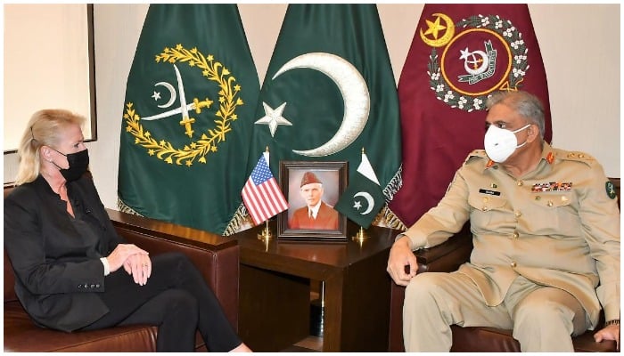 Angela Aggeler, United States (US) Charge d’ Affairs to Pakistan called on General Qamar Javed Bajwa, Chief of Army Staff (COAS) at GHQ on Friday, August 13, 2021. Photo: ISPR.