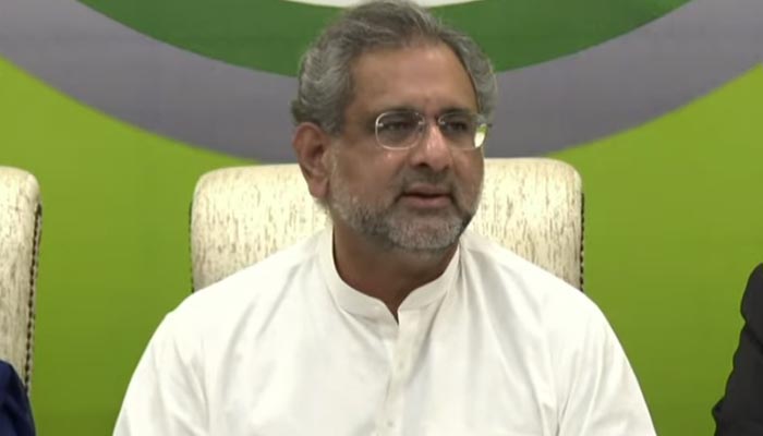 Former prime minister and PML-N leader Shahid Khaqan Abbasi addressing a press conference in Islamabad on the governments anti-state trends report, on August 13, 2021. — YouTube/HumNewsLive