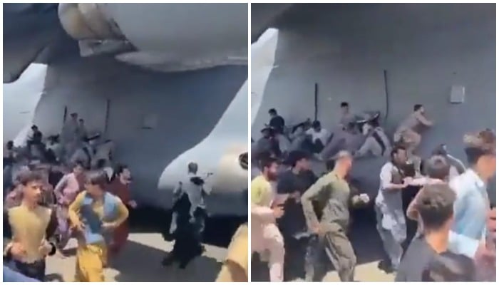 Hundreds of Afghan citizens running along the aircraft as it takes off. Screebgrab via Twitter