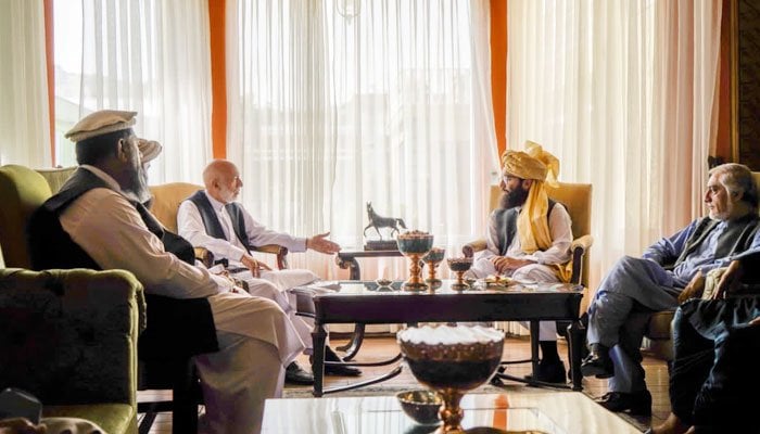A Taliban delegation lead by Anas Haqqani meets Karzai and Abdullah Abdullah in Kabul. — Twitter