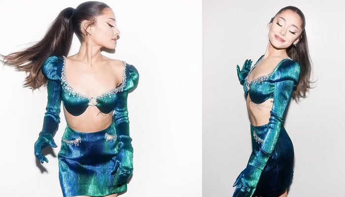 Ariana Grande looks drop dead gorgeous in blue crop top and skirt