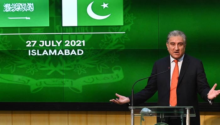 Foreign Minister Shah Mahmood Qureshi speaks during a joint press conference with Saudi Foreign Minister Prince Faisal Bin Farhan Al-Saud (not pictured) at the Foreign Ministry in Islamabad on July 27, 2021. — AFP/File